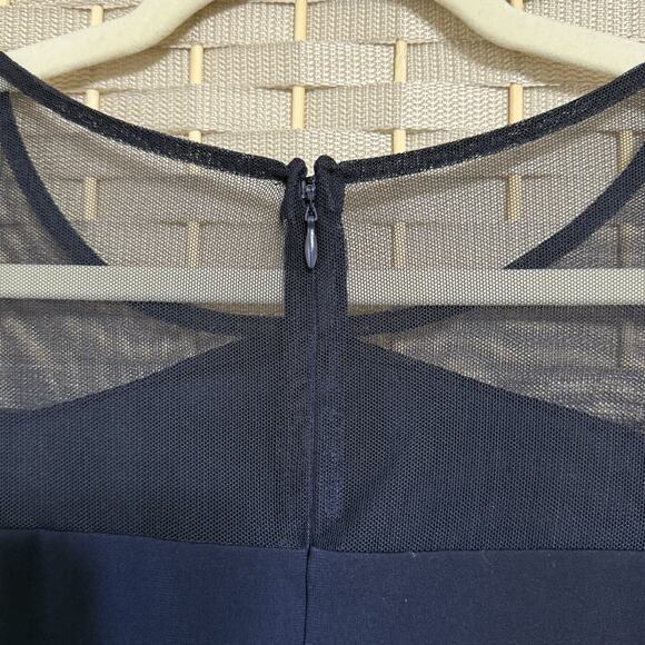 R&M Richards Ruffled Illusion Formal Jumpsuit Size 14P Petite Navy Mesh Sleeve - Picture 7 of 12